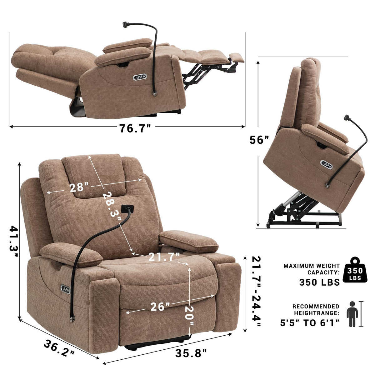 Oversized Dual Motor Recliner Power Lift Chair for Elderly Big Tall, Zero-Gravity Power Recliner Sofa, 350lbs Heavy Duty Seat with 4D Armrests, Phone Slot, Full Lay-Flat Positioning, Gray