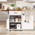 39.3"Farmhouse Kitchen Island with Open Side Rack and Drop Leaf and,Small Kitchen Rolling Cart with Drawer and Storage Cabinet, Narrow Mobile Dining Table with Lockable Wheels and Towel Rack White