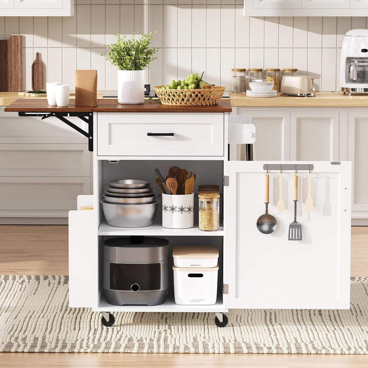 39.3"Farmhouse Kitchen Island with Open Side Rack and Drop Leaf and,Small Kitchen Rolling Cart with Drawer and Storage Cabinet, Narrow Mobile Dining Table with Lockable Wheels and Towel Rack White