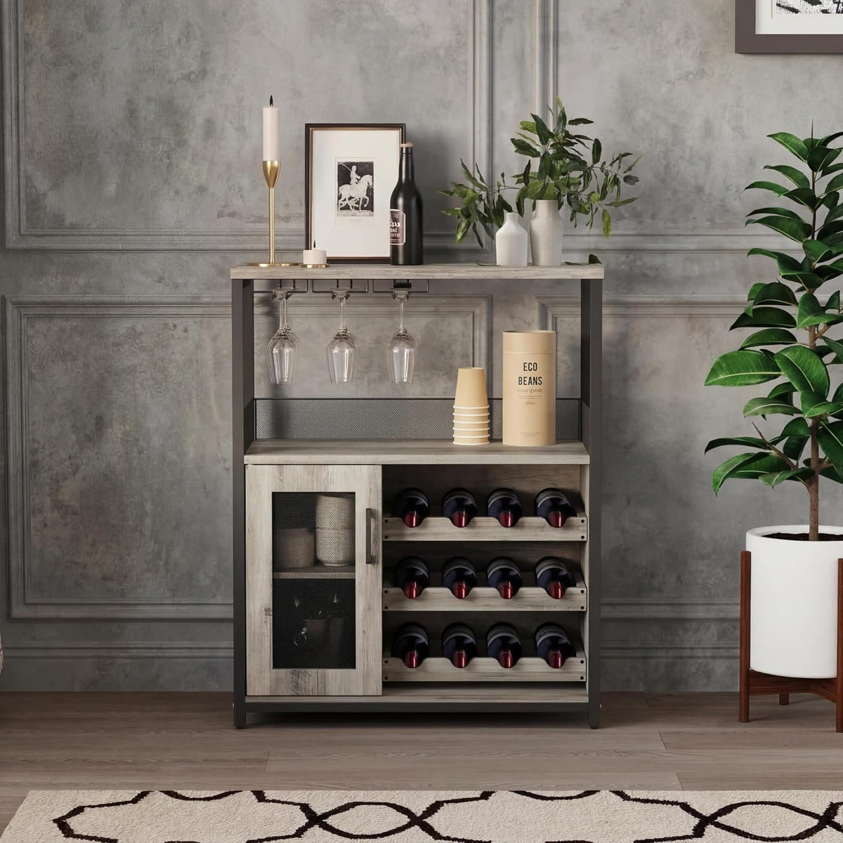 3-Tier Wine Bar Cabinet with Removable Wine Rack, Liquor Storage Cabinet with Glass Holder & Mesh Door, Coffee Bar Sideboard Buffet for Living Room or Dining Room, Gray