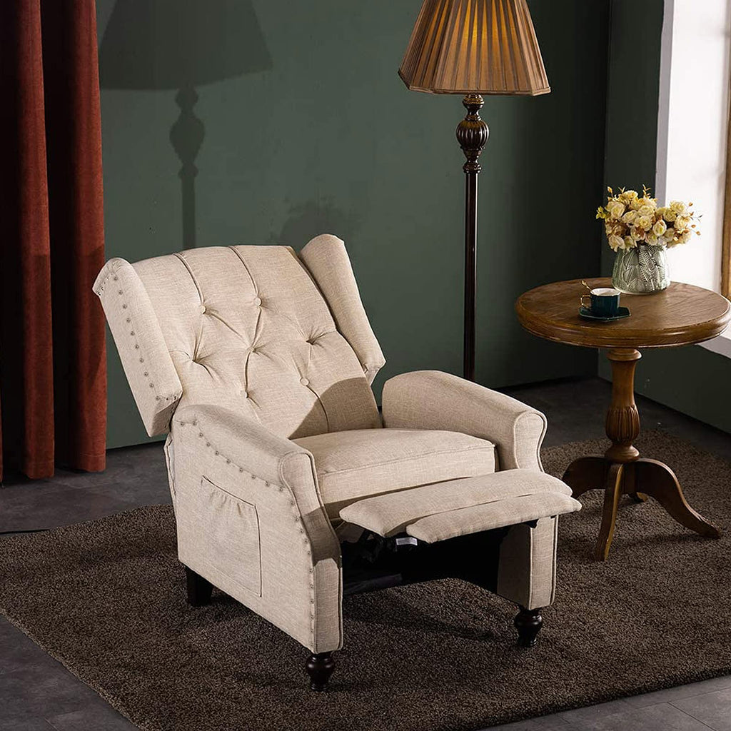 Wingback Recliner Chair - Tufted Arm Chair Recliner - Fabric Push Back Single Sofa for Living Room Adjustable Backrest (Blue Floral)