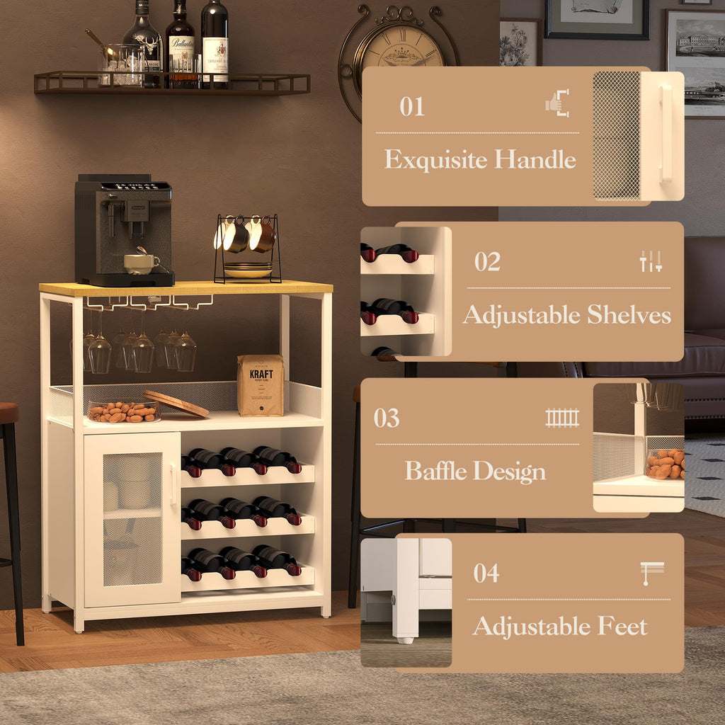 Jojoka 3 Tier Wine Bar Cabinet with LED Lights, Adjustable Storage, Liquor Rack, Glass Holder, Mesh Door, Multi Functional Coffee Bar Sideboard Buffet for Home, Dining Room