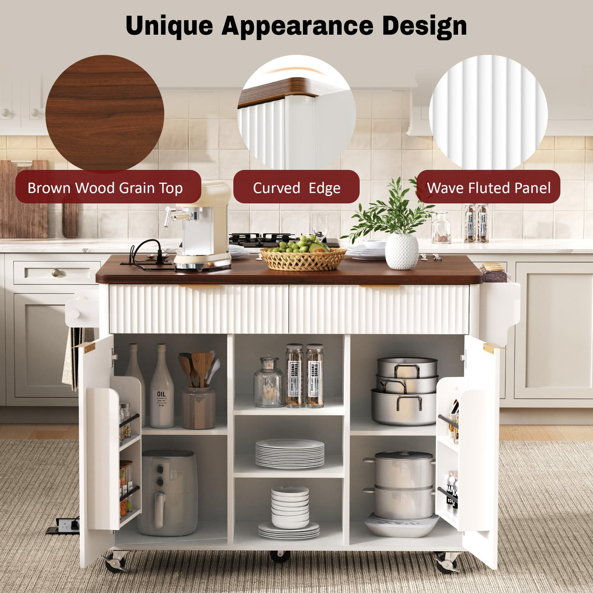 Large Fluted Kitchen Island Cart on Wheels with Storage, Natural