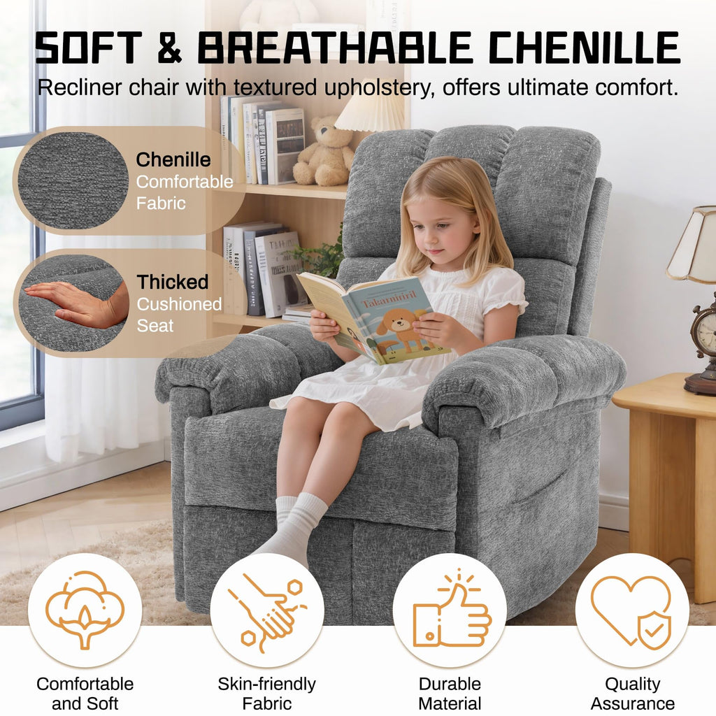 Korser Recliner Chair, Living Room Recliner Chairs for Adults, Small Recliners for Small Spaces, Upholstered Manual Recliner with Side Pockets, Comfy Nursery Chair for Living Room, Chenille, Beige