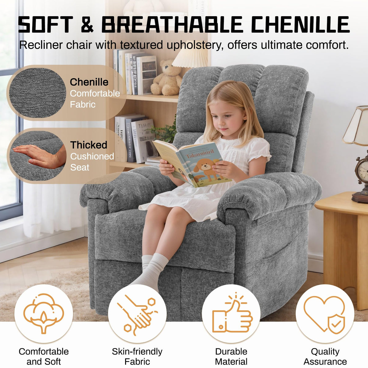 Korser Recliner Chair, Living Room Recliner Chairs for Adults, Small Recliners for Small Spaces, Upholstered Manual Recliner with Side Pockets, Comfy Nursery Chair for Living Room, Chenille, Beige