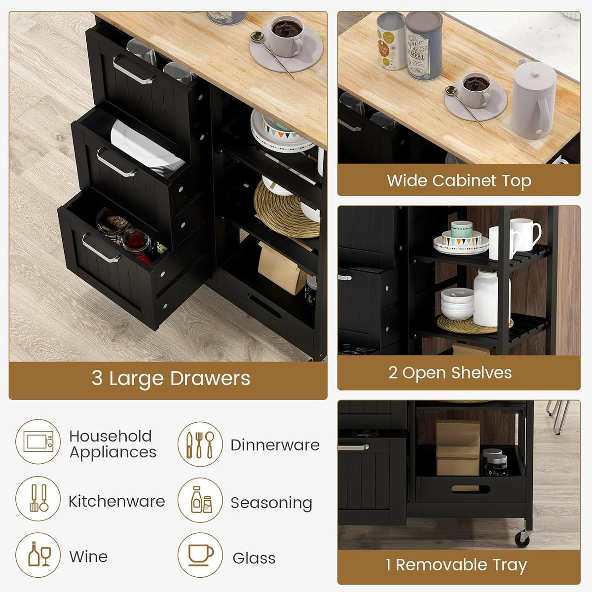 GOFLAME Kitchen Island Cart on Wheels with Storage, Versatile Rolling Cart with Wood Countertop, 3 Drawers, Removable Tray & Lockable Casters, Mobile Serving Trolley for Kitchen, Dining Room, Black