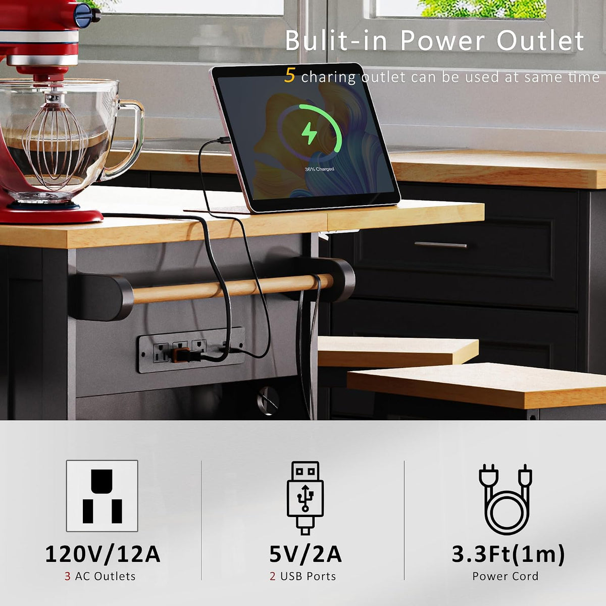 53" Large Kitchen Island with Drop Leaf & Power Outlet, Rolling Kitchen Cart on 5 Wheels with Internal Door Storage Rack, 5 Open Side Racks, 3 Drawers, 2 Doors for Kitchen Dining Room