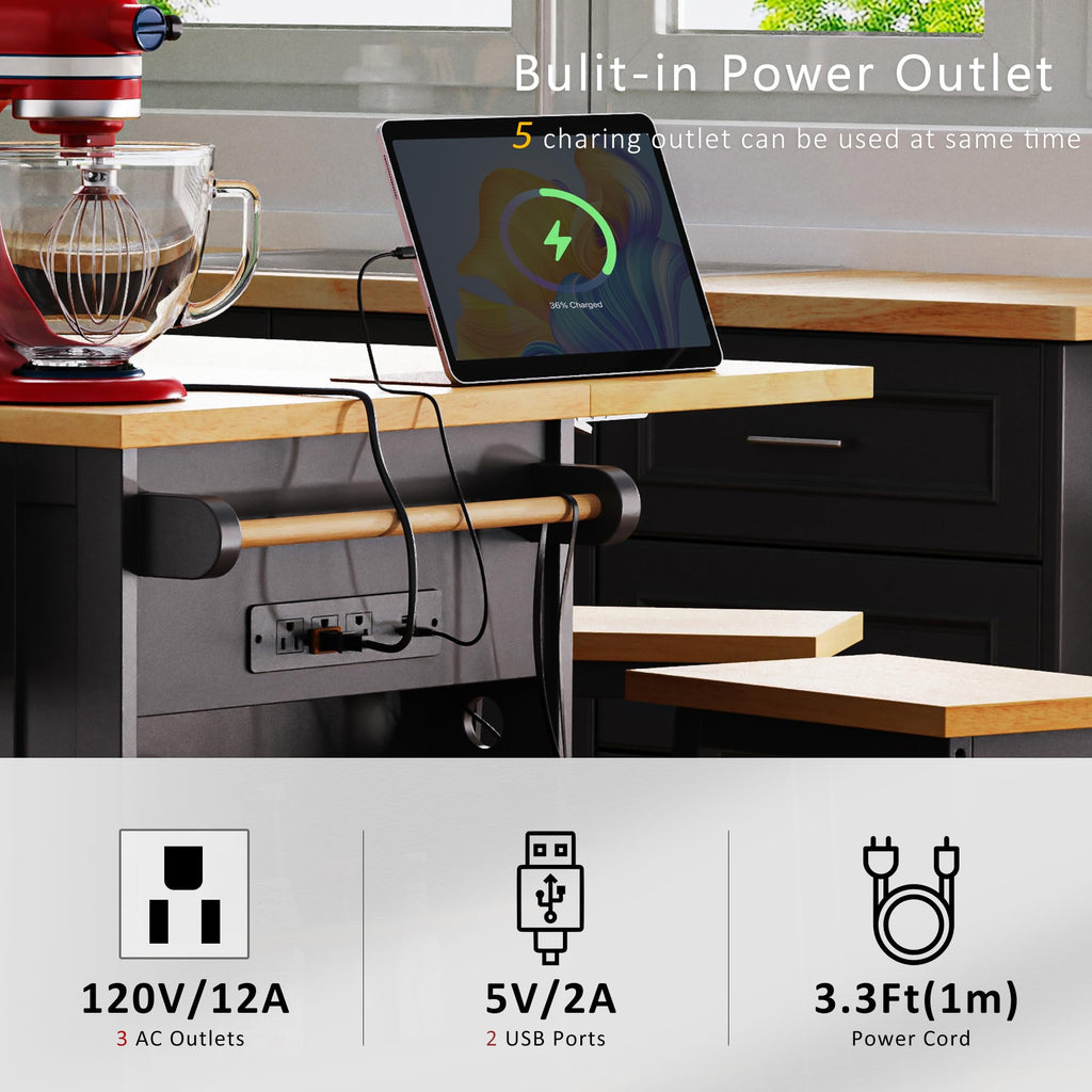 53" Large Kitchen Island with Drop Leaf & Power Outlet, Rolling Kitchen Cart on 5 Wheels with Internal Door Storage Rack, 5 Open Side Racks, 3 Drawers, 2 Doors for Kitchen Dining Room