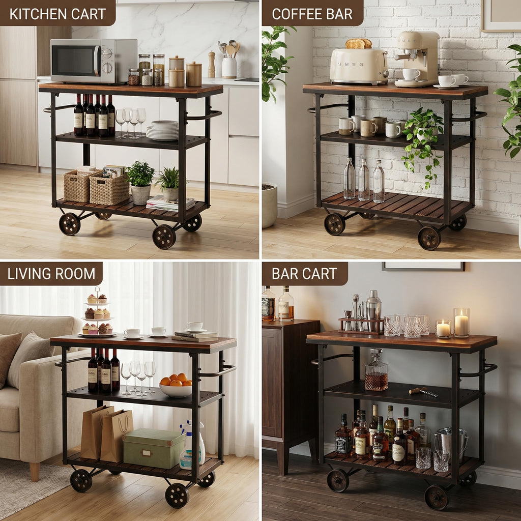 Vintage Rolling Bar Cart on Wheels Industrial Mobile Serving Cart Metal and Wood Design for Kitchen Bar Office Coffee House 36.2" Lx15.75 Wx30.5 H 3 Tier with 2 Side Handle