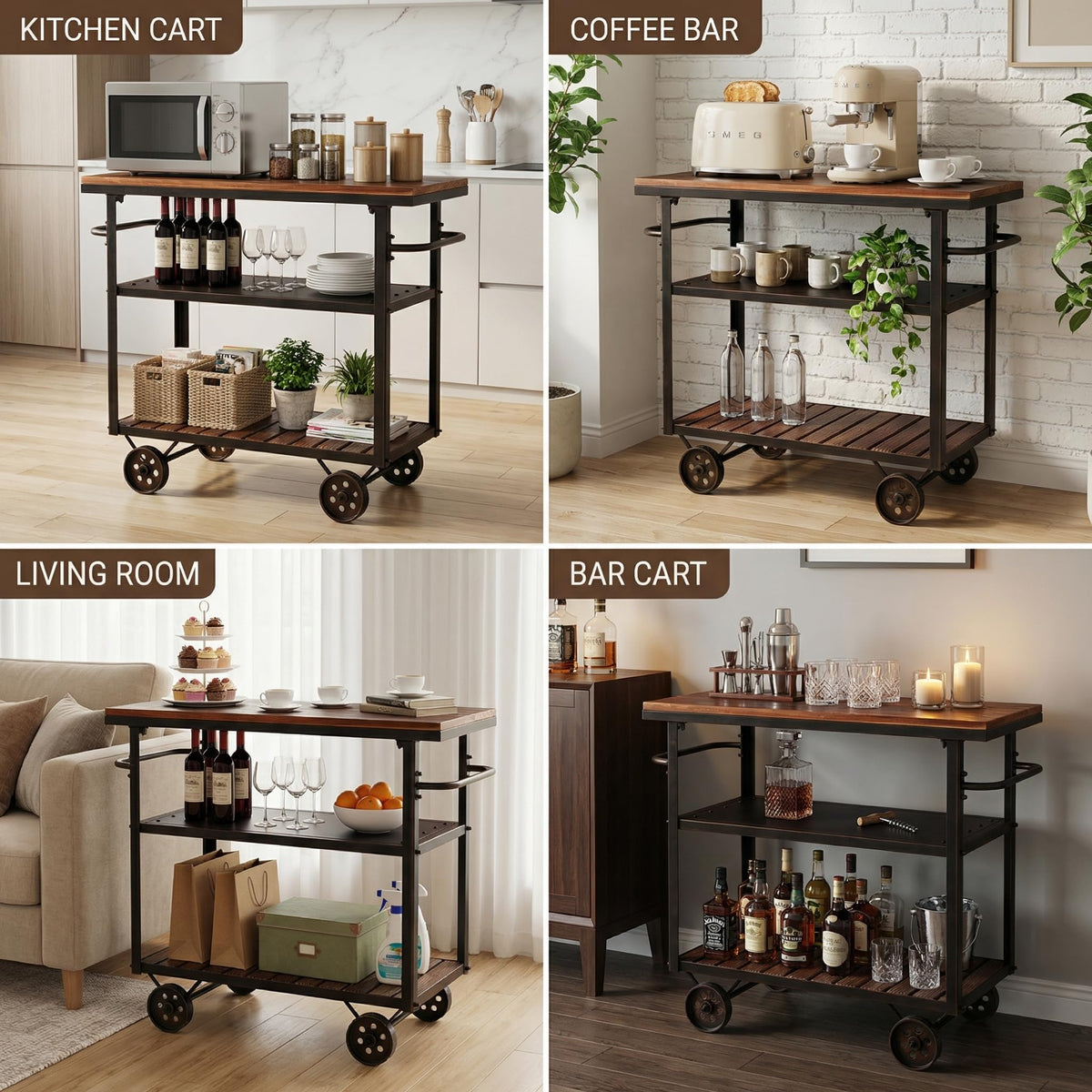 Vintage Rolling Bar Cart on Wheels Industrial Mobile Serving Cart Metal and Wood Design for Kitchen Bar Office Coffee House 36.2" Lx15.75 Wx30.5 H 3 Tier with 2 Side Handle