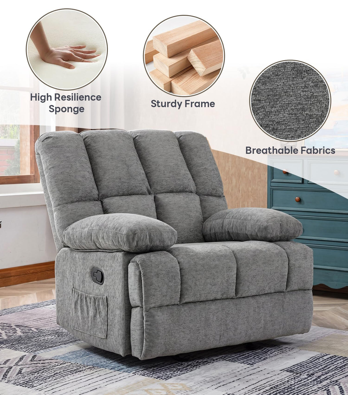 WILLOVE 41" Oversized Rocker Recliner Chair, Rocking Recliners Overstuffed Soft Big Man Manual Recliner, Extra Large Chenille Living Room Chair 350 LBS Capacity, Grey, L