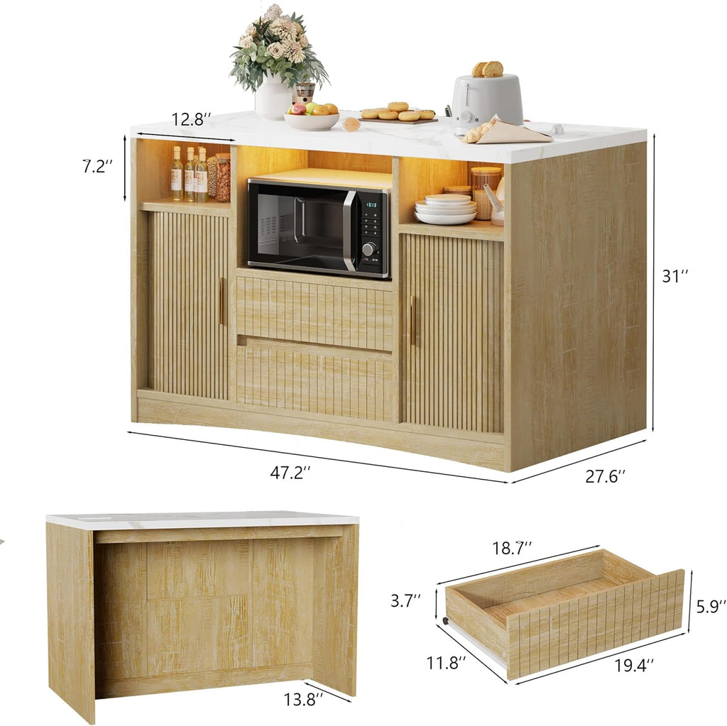 Kitchen Island with Power Outlet & LED Lights, 47" Rolling Island