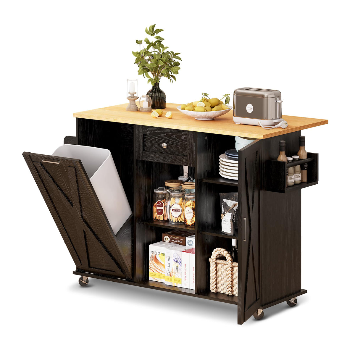 48" Modern Rolling Kitchen Island with Drop Leaf & Trash Can Storage, Mobile Island Table for Kitchen
