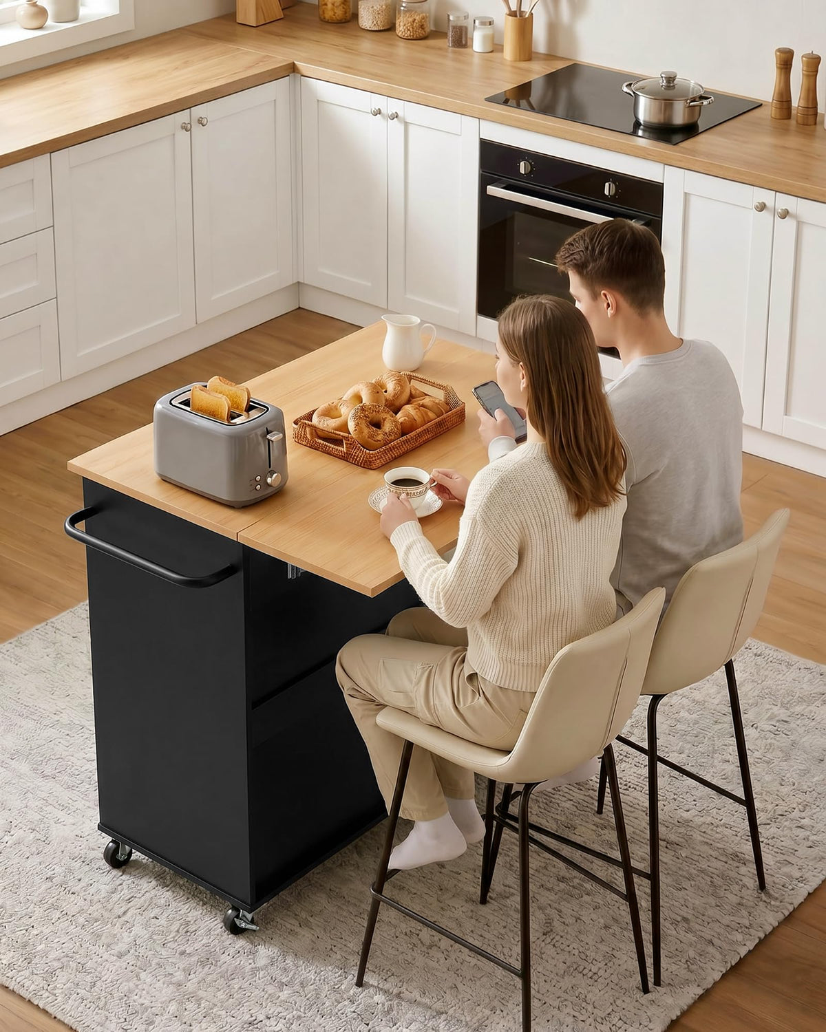 VEVOR Kitchen Island Cart with Storage, 42.28 in Wide Mobile Rolling Storage Island on Swivel Wheels, with Drawer, Storage Cabinet, Drop Leaf, Spice Rack, Table for Home Dining Room, White
