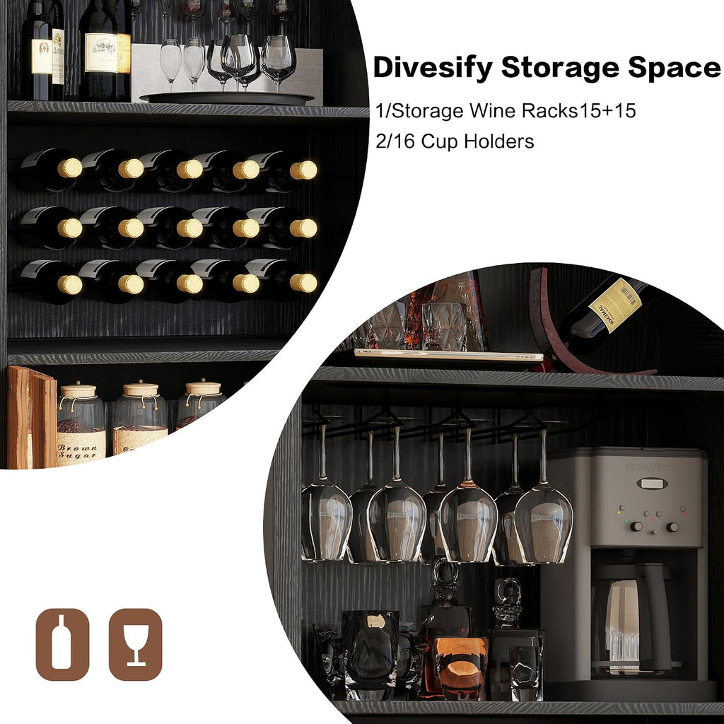 NicBex 71" Farmhouse Arched Bar Cabinet with Wine Rack, Black Wine Cabinet