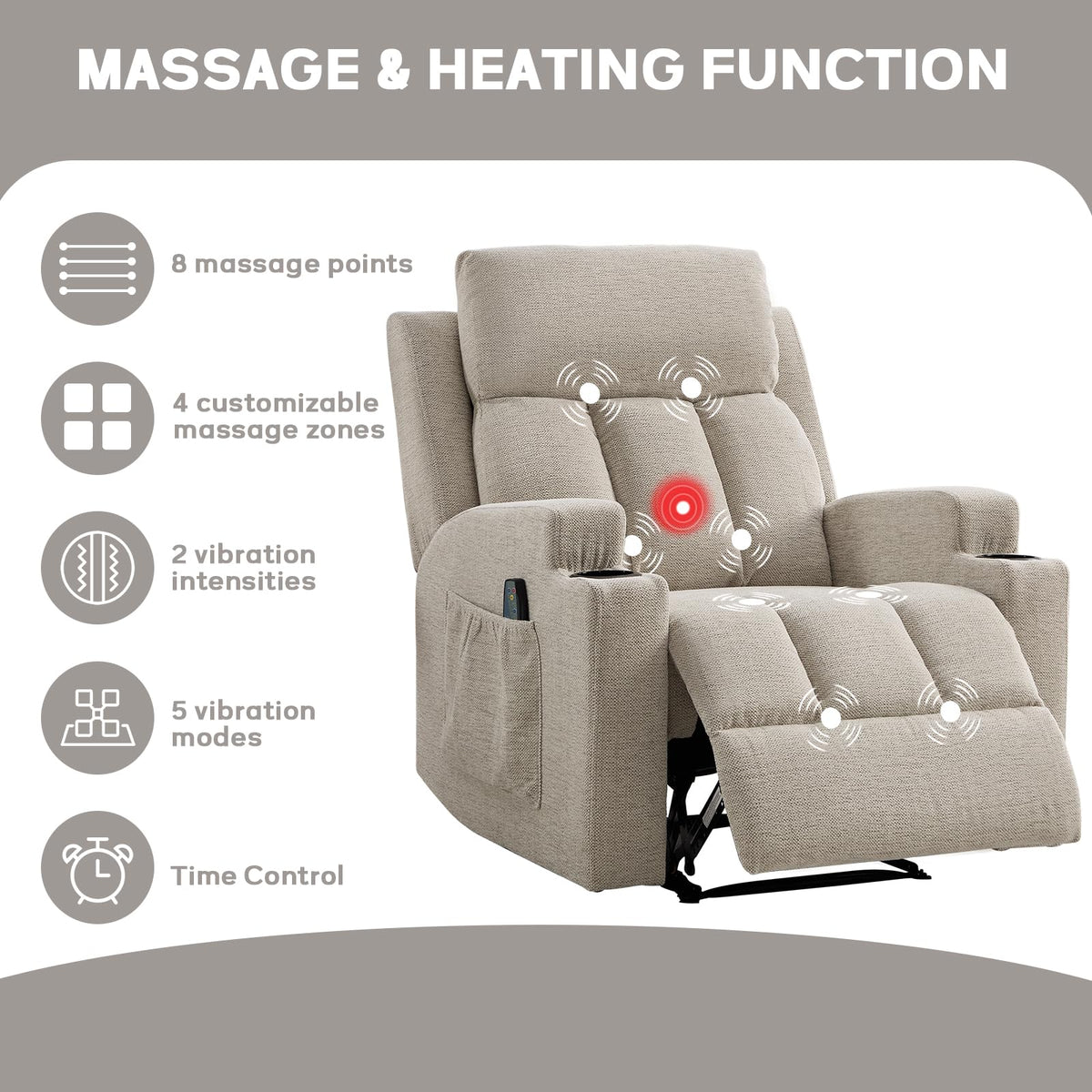 CANMOV Manual Recliner Chair with Massage and Heat, Soft Fabric Recliner Chair with Overstuffed Arm and Back, Manual Reclining Single Sofa with 2 Cup Holders, Side Pocket for Living Room, Dark Grey