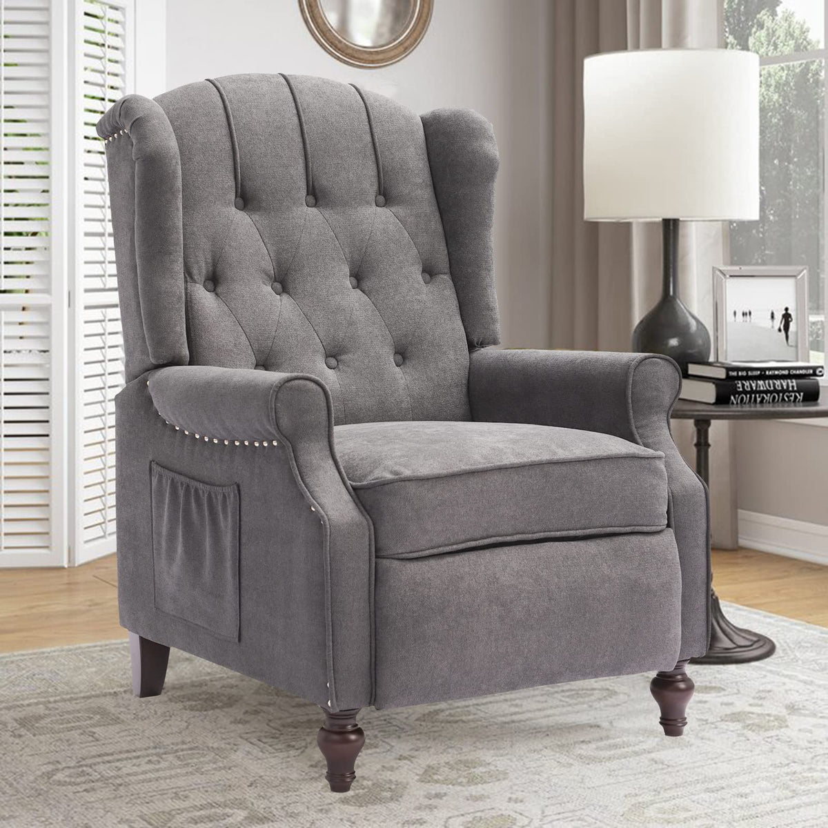 IPKIG Wingback Pushback Recliner Chair - Mid Century Recliner Armchair with Massage and Heat, Rivet Decoration, Button-Tufted Back, Solid Wood Legs for Living Room, Bedroom, Office(Beige)