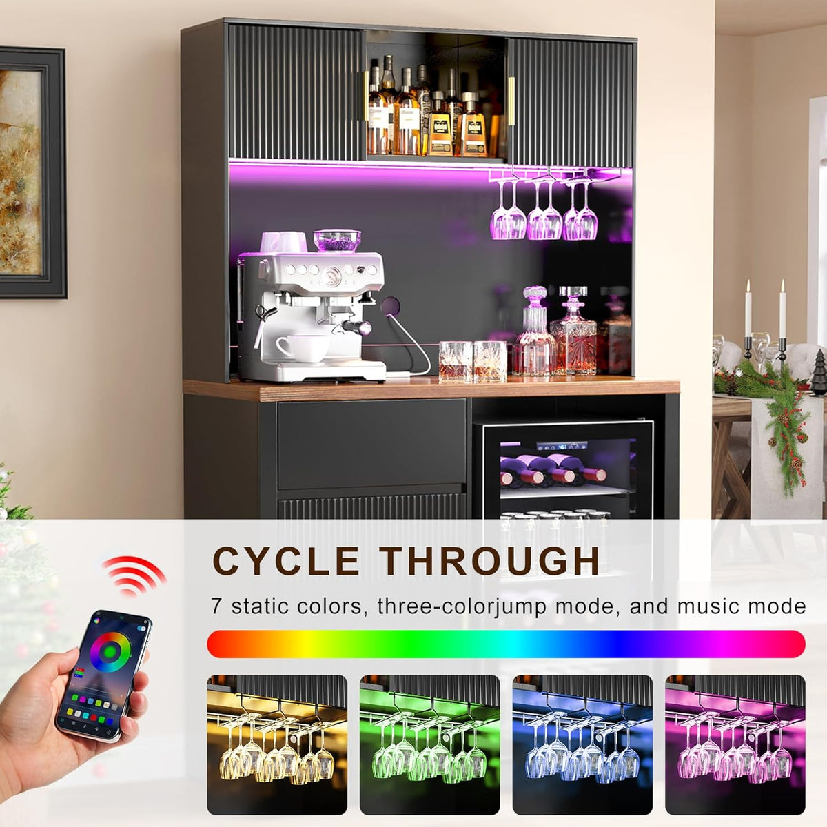 GDLF 72" Tall Coffee Bar Cabinet with Fridge Space, Fluted Liquor Home Bar