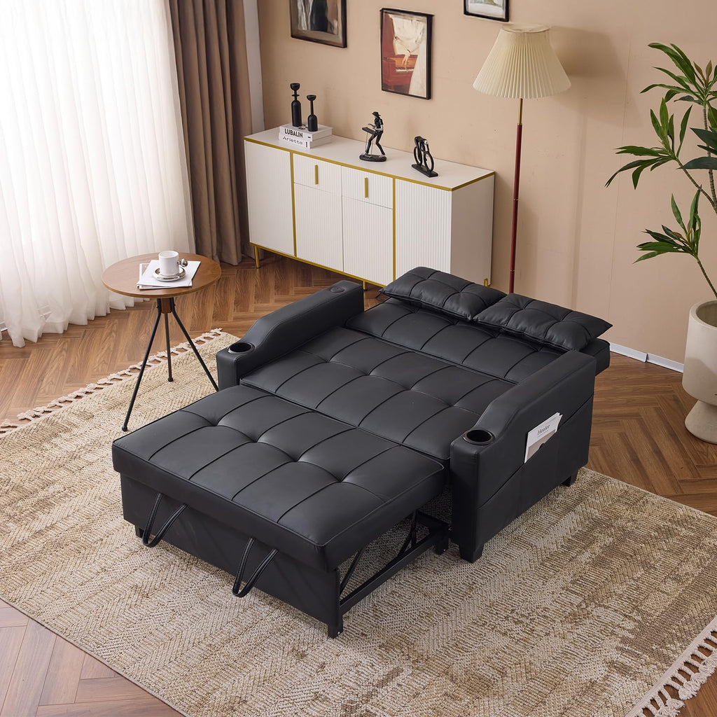 VINGLI Light Grey Futon Sofa Bed Convertible Loveseat Sleeper Couch, Faux Leather Pullout Sofa Fold Out Couch Bed with USB Ports, Cup Holders, Armrest for Living Room, Bedroom Apartment Room
