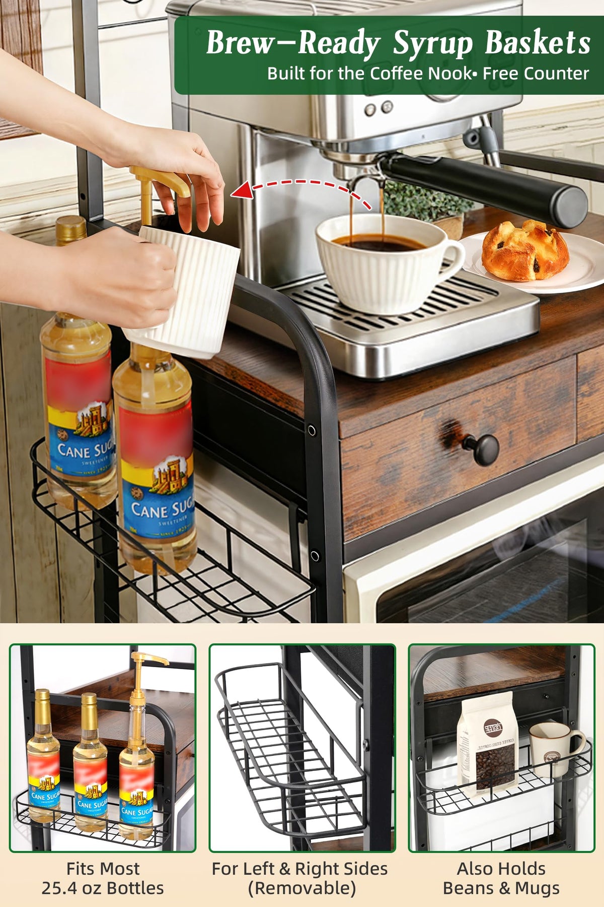 Coffee Bar Cabinet with Storage, Coffee Cart with Wheels, Coffee Station with Coffee Bar Sign and Mug Hook, Corner Coffee Bar Table with Drawer, Bakers Rack for Kitchen Dining Room Living Room Nook