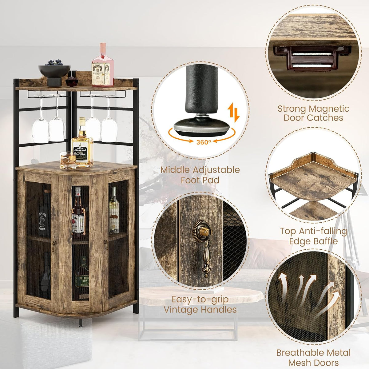 LOKO Corner Wine Bar Cabinet with Metal Mesh Doors, Glass Holder, Taupe