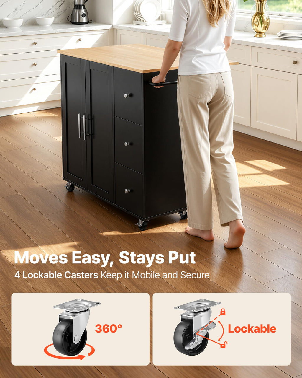 VEVOR Kitchen Island Cart with Storage, 42.28 in Wide Mobile Rolling Storage Island on Swivel Wheels, with Drawer, Storage Cabinet, Drop Leaf, Spice Rack, Table for Home Dining Room, White