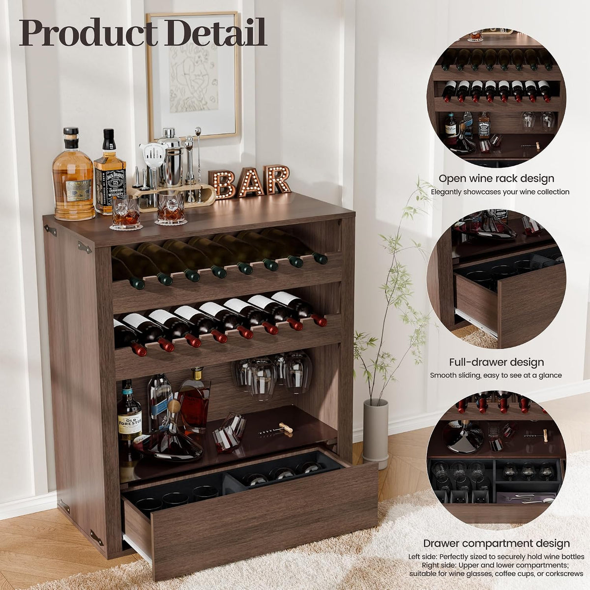 Liquor Cabinet with Wine Rack & Stemmed Holder & Drawer, Walnut