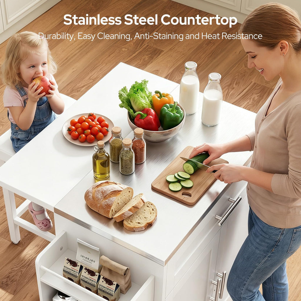 Concho 56" Kitchen Island with Seating Stainless Steel Countertop Black