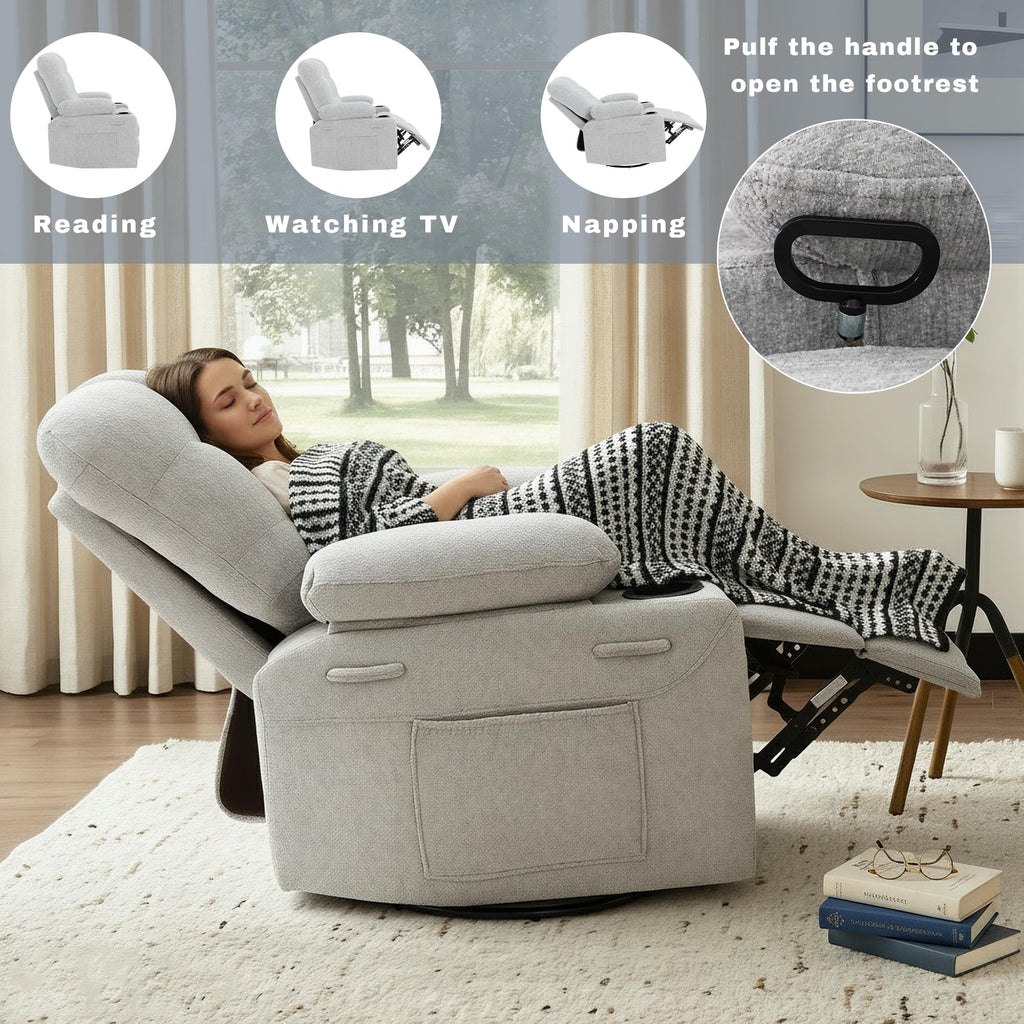Swivel Rocker Recliner Chair,Recliner Single Sofa with Cup Holders, Manual Nursery Rocking Chair with Side Pockets, Modern Upholstered Recliner for Living Room,Apartment,Home Theater(Black)