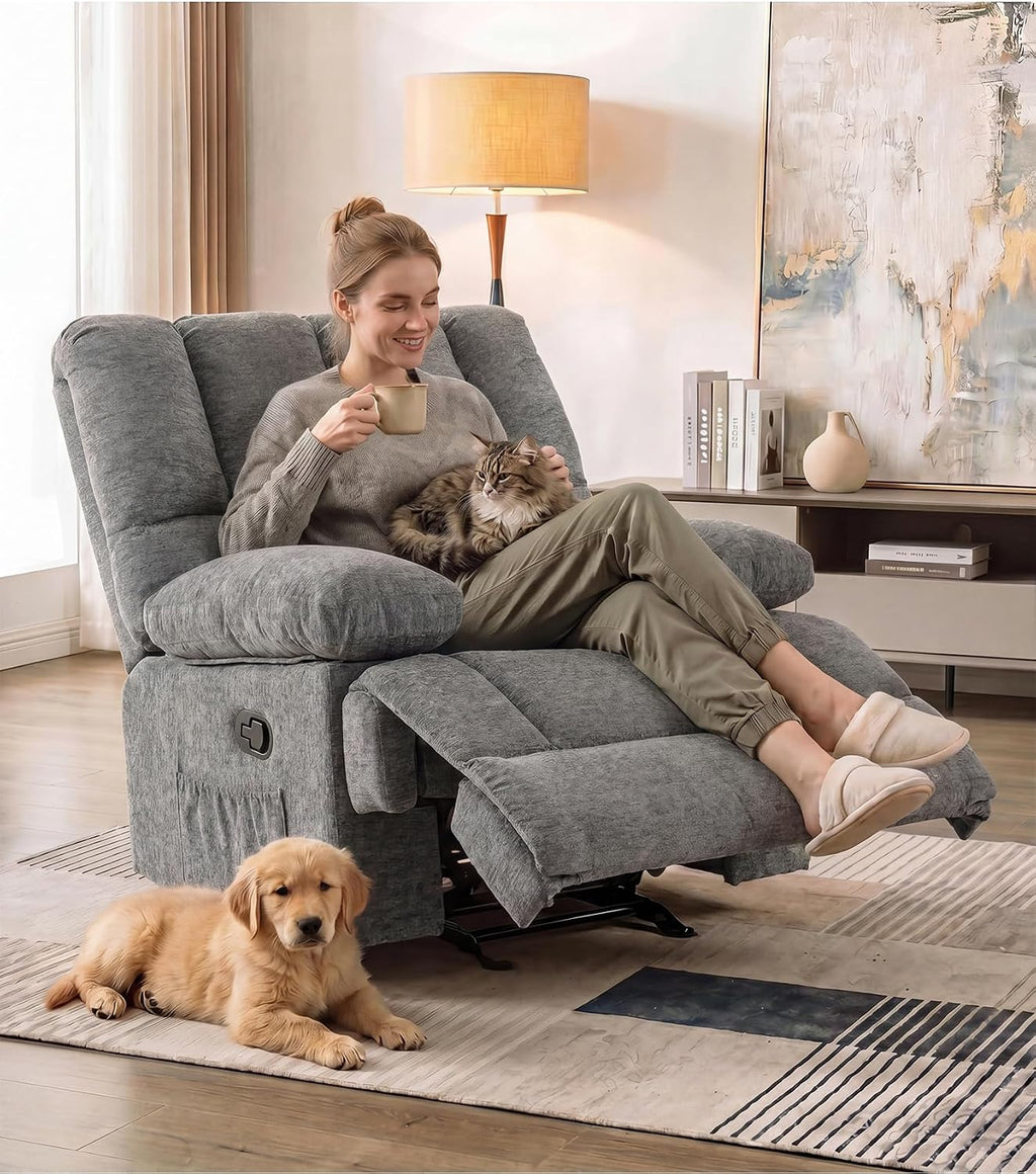 WILLOVE 41" Oversized Rocker Recliner Chair, Rocking Recliners Overstuffed Soft Big Man Manual Recliner, Extra Large Chenille Living Room Chair 350 LBS Capacity, Grey, L