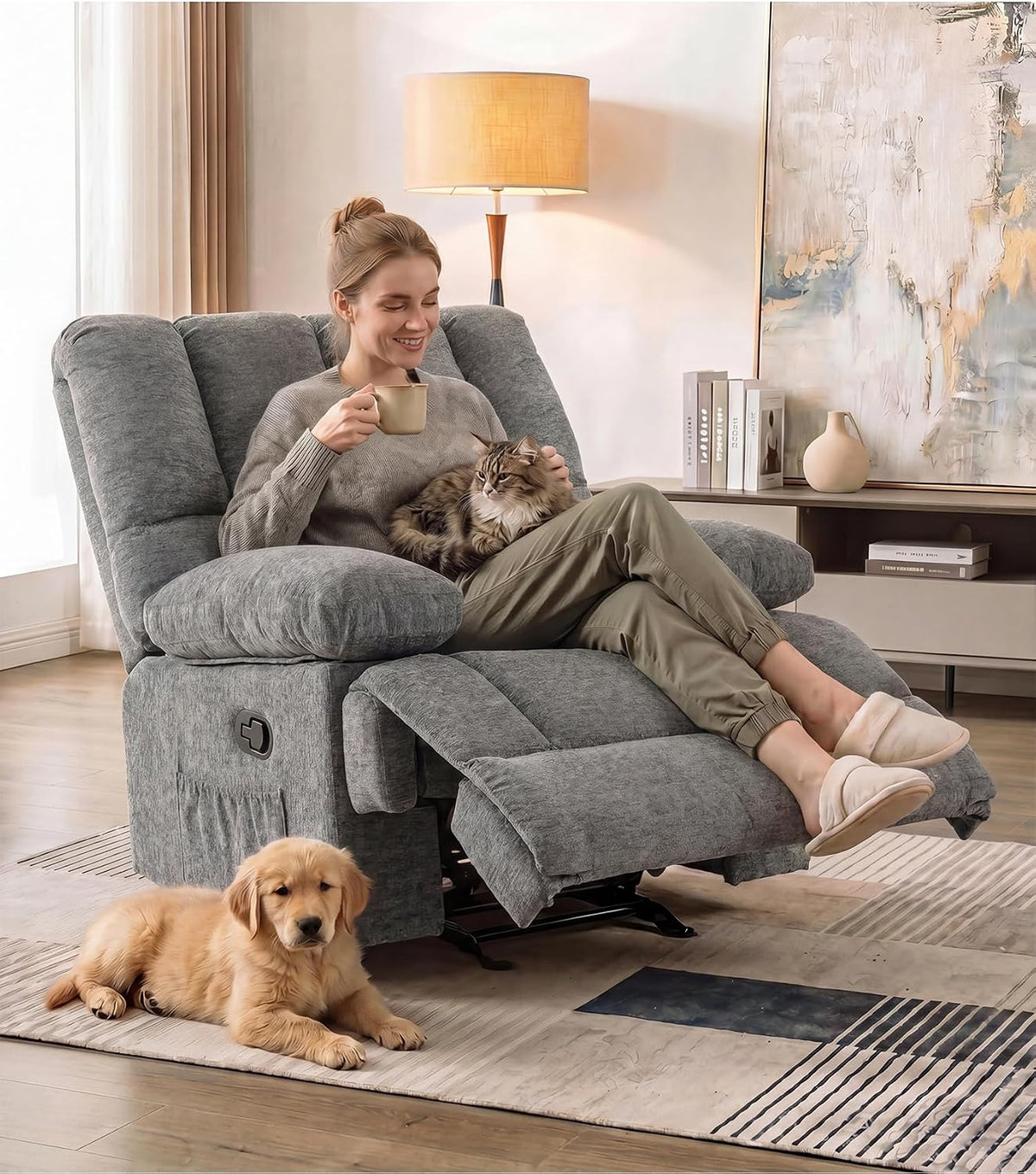 WILLOVE 41" Oversized Rocker Recliner Chair, Rocking Recliners Overstuffed Soft Big Man Manual Recliner, Extra Large Chenille Living Room Chair 350 LBS Capacity, Grey, L