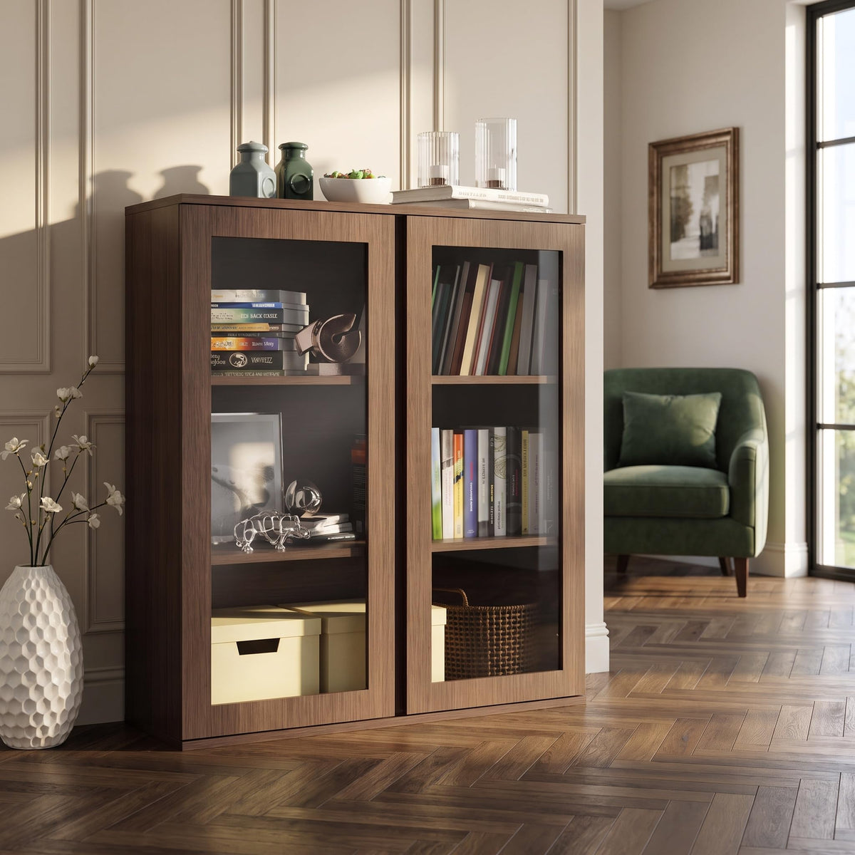 Liquor Cabinet with Wine Rack & Stemmed Holder & Drawer, Walnut