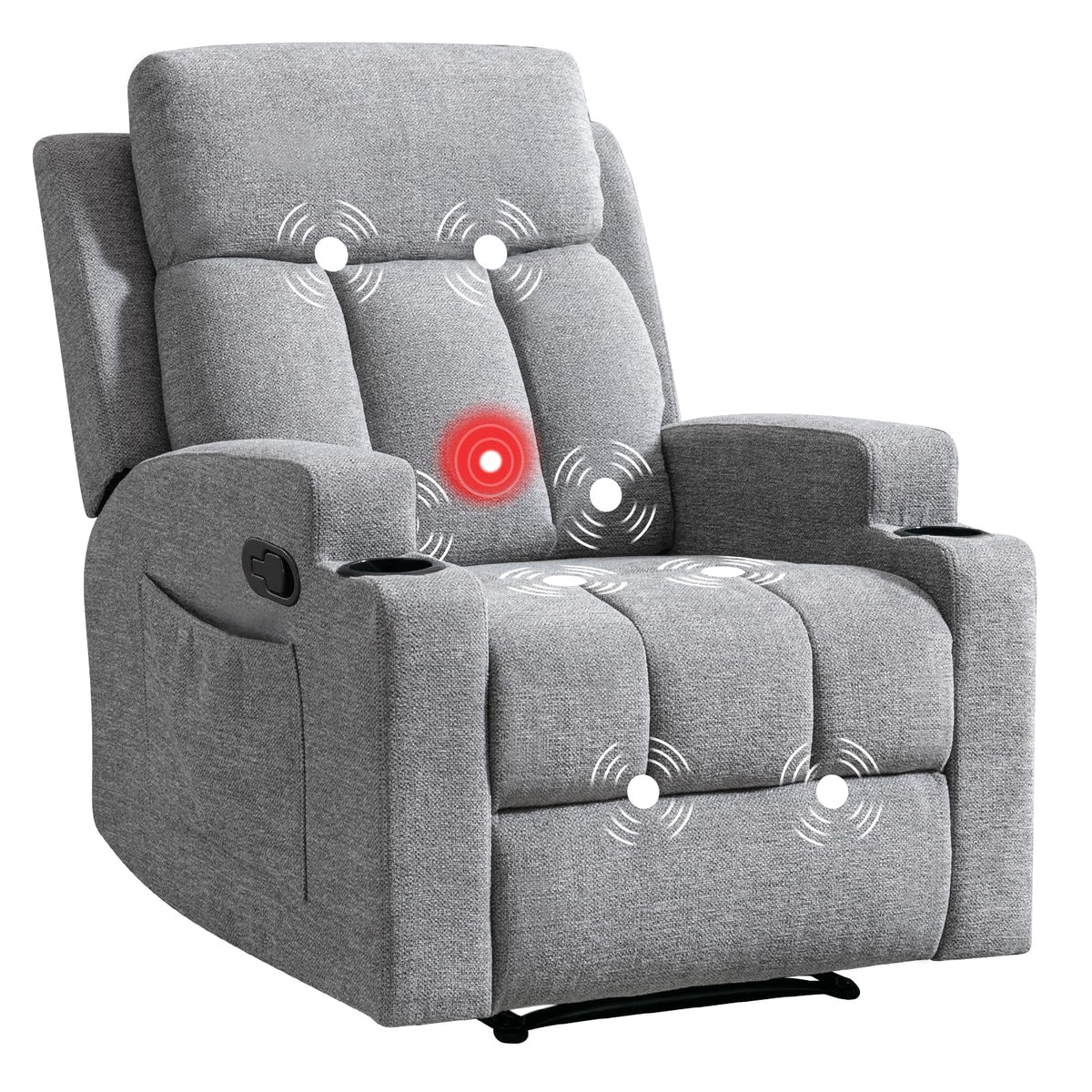 CANMOV Manual Recliner Chair with Massage and Heat, Soft Fabric Recliner Chair with Overstuffed Arm and Back, Manual Reclining Single Sofa with 2 Cup Holders, Side Pocket for Living Room, Dark Grey