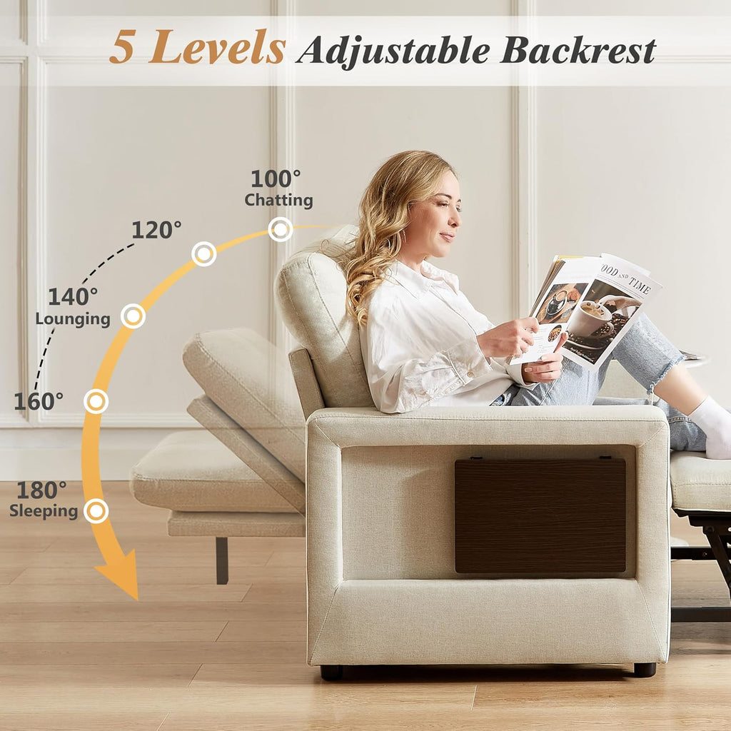 WEUP 3-in-1 Sleeper Sofa Chair Bed, 42.5" W Convertible Sleeper Chair with Pull Out Bed, USB Charging Ports & Wing Table, Cup Holder, Adjustable Backrest, Side Pockets (Premium, Beige)