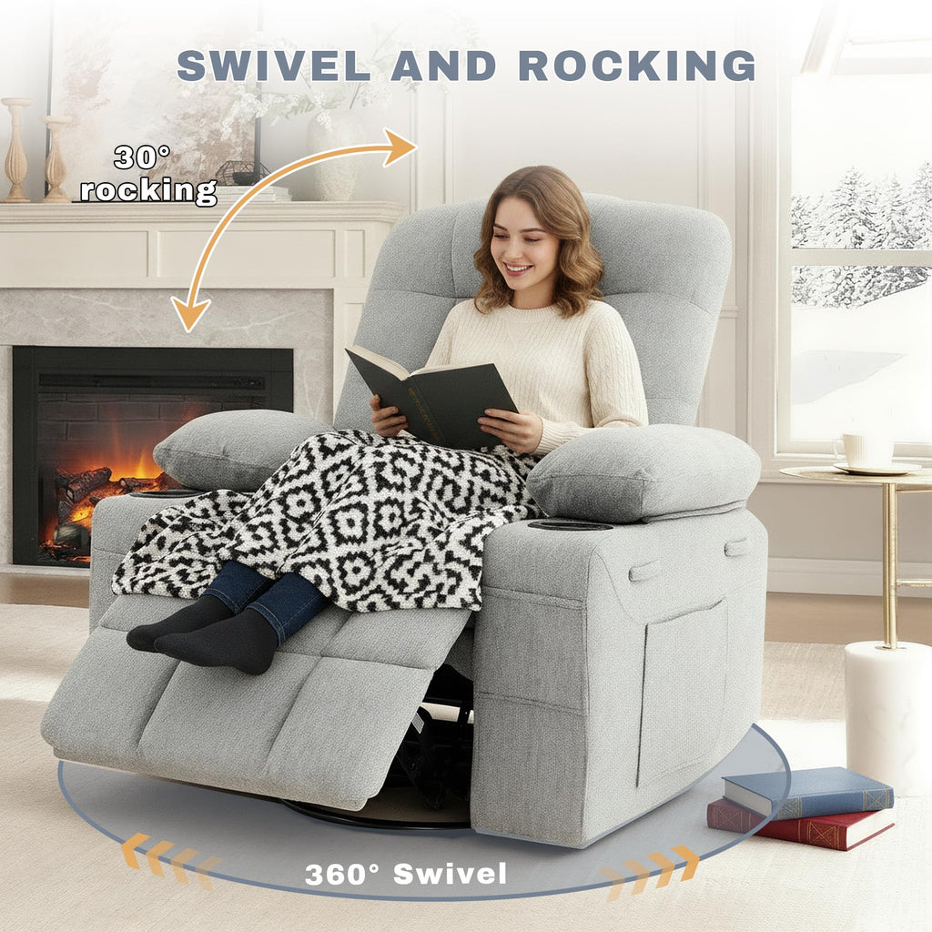 Swivel Rocker Recliner Chair,Recliner Single Sofa with Cup Holders, Manual Nursery Rocking Chair with Side Pockets, Modern Upholstered Recliner for Living Room,Apartment,Home Theater(Black)