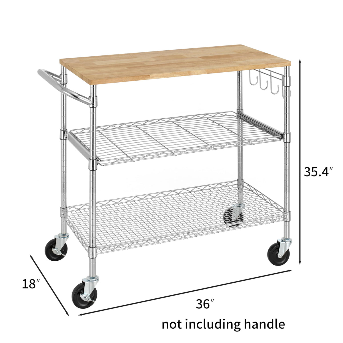 Finnhomy 3-Tier Rolling Kitchen Cart With 18" D x 30" W Oak Wood Tabletop, Kitchen Island With 4" Wheels and Slider Shelf, Microwave & Coffee Cart With Hooks for Dining Room, Chrome