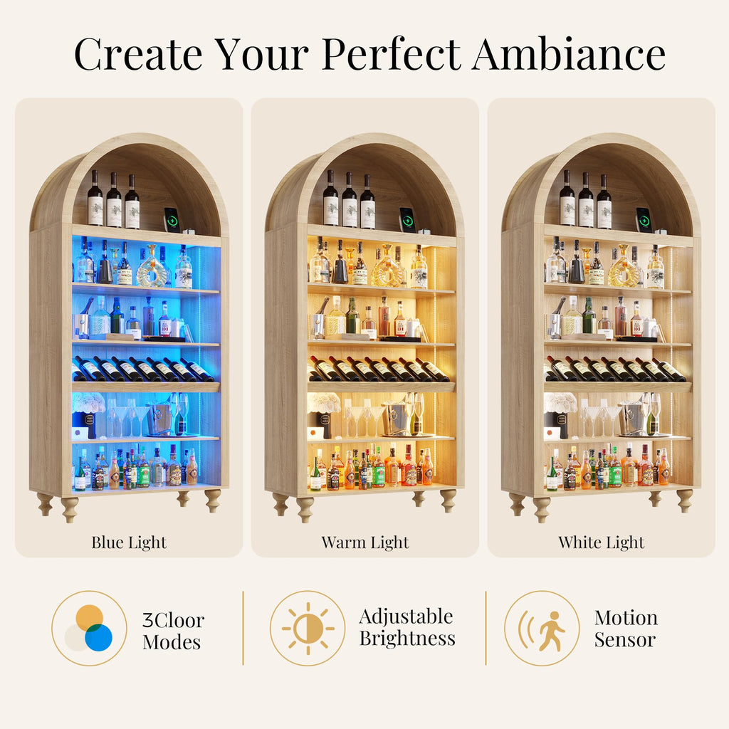 71" Tall Arched Wine Bar Cabinet with Wine Racks & Glass Holder, Wide Liquor Cabinets with LED Lights & Charing Ports, Kitchen Pantry Cupboard, Coffee Bar Storage Cabinet for Home, Dining Room (Oak)