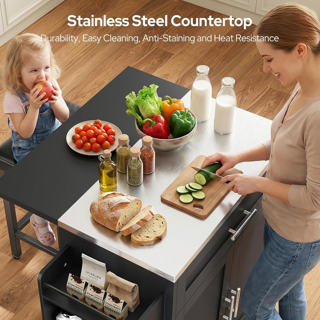 Concho 56" Kitchen Island with Seating Stainless Steel Countertop Black