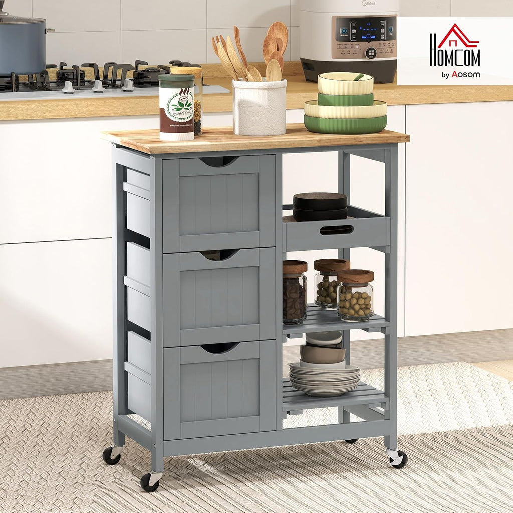 HOMCOM Rolling Kitchen Island Cart with Wood Top, Shelves & Drawers, Gray