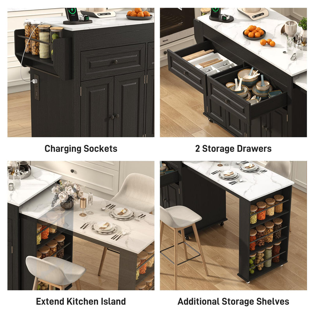 80"-48" Extendable Kitchen Island with Extended Dining Table and Power Outlet,Large Mobile Kitchen Storage Islands with 2 Storage Drawers,Rolling Islands Cart with 3 Extra Rows Open Shelves(Brown)