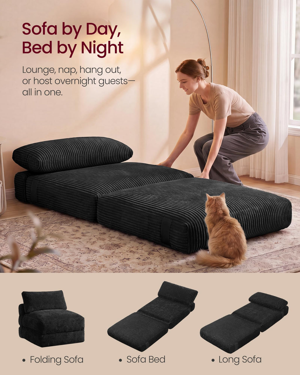 VASAGLE Folding Sofa Bed, Convertible Chair Bed with Pillow, Sleeper Chair
