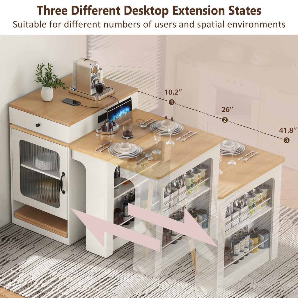 Extendable Dining Table with Folding Tabletop & Power Outlet, Modern Kitchen Island Sideboard with Wheels, Hidden Drawers & USB Charging, Sturdy Buffet Table for Small Spaces (Black)