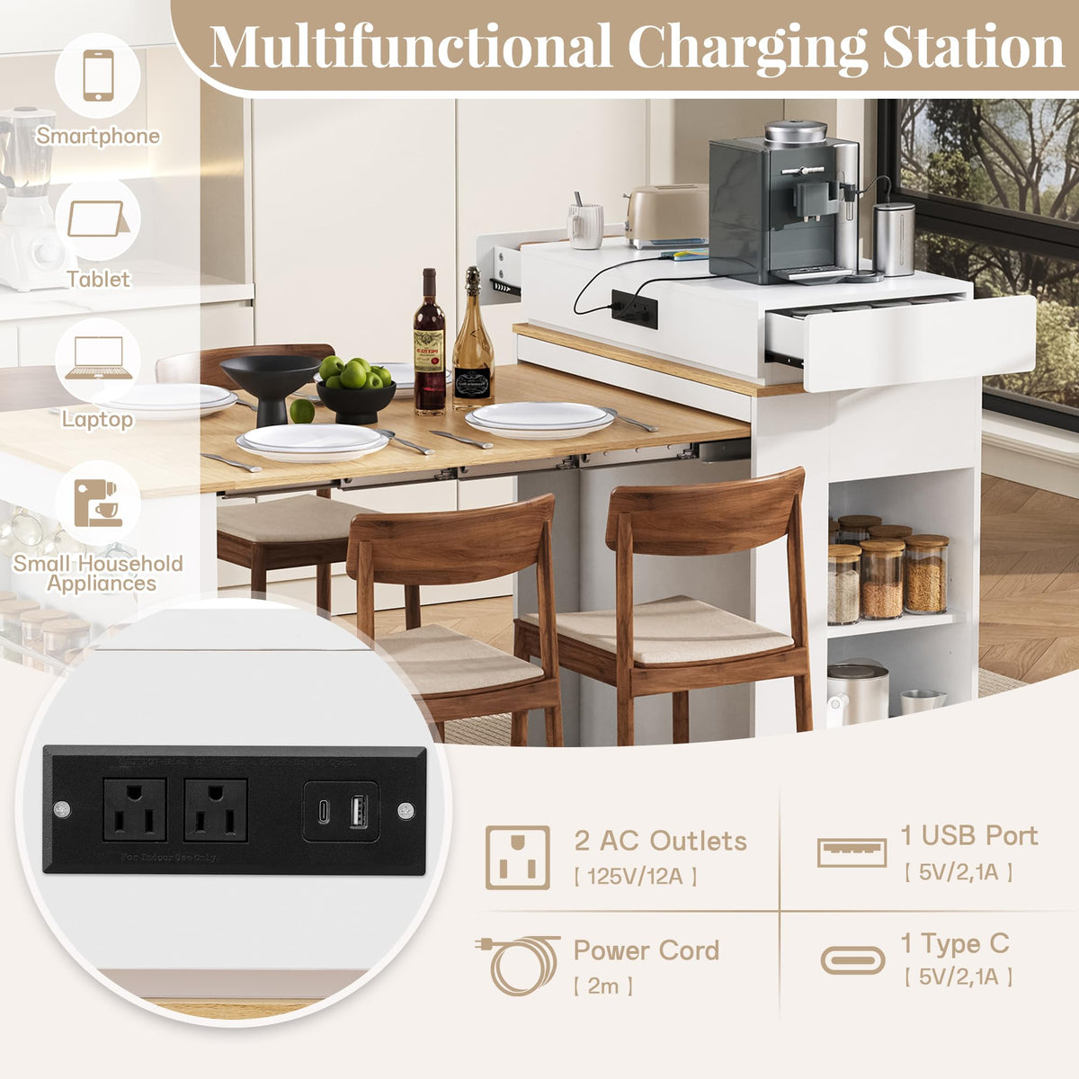 Extendable Dining Table with Folding Tabletop & Power Outlet, Modern Kitchen Island Sideboard with Wheels, Hidden Drawers & USB Charging, Sturdy Buffet Table for Small Spaces (Black)