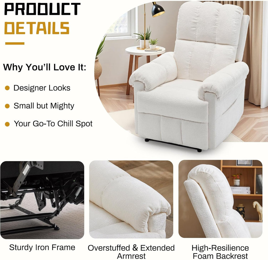 Korser Recliner Chair, Living Room Recliner Chairs for Adults, Small Recliners for Small Spaces, Upholstered Manual Recliner with Side Pockets, Comfy Nursery Chair for Living Room, Chenille, Beige
