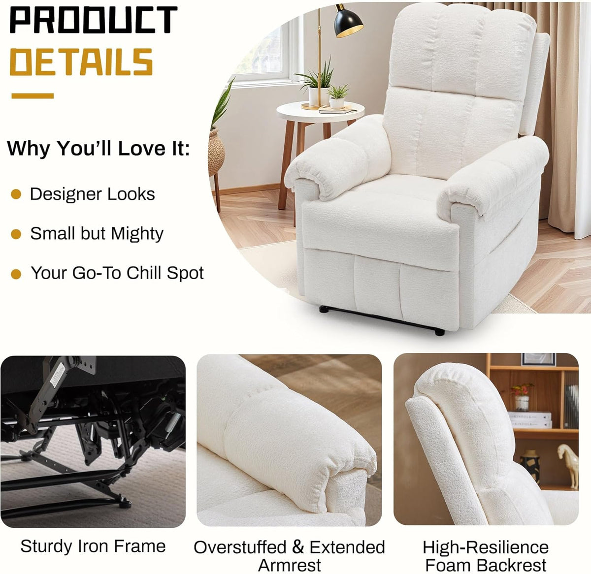 Korser Recliner Chair, Living Room Recliner Chairs for Adults, Small Recliners for Small Spaces, Upholstered Manual Recliner with Side Pockets, Comfy Nursery Chair for Living Room, Chenille, Beige