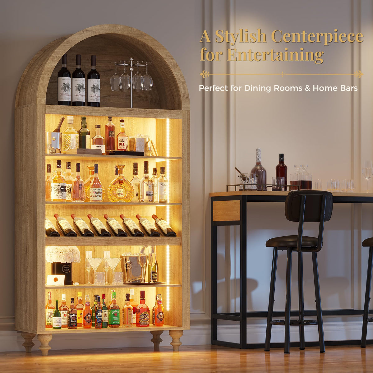 71" Tall Arched Wine Bar Cabinet with Wine Racks & Glass Holder, Wide Liquor Cabinets with LED Lights & Charing Ports, Kitchen Pantry Cupboard, Coffee Bar Storage Cabinet for Home, Dining Room (Oak)