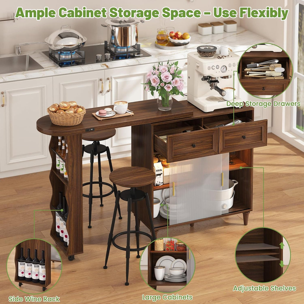 69" Kitchen Island with 360Â° Rotating Table,LED Lighting, Adjustable Shelves, Storage Cabinet & Power Outlet â Walnut Finish Extendable Dining Table for Kitchen, Dining Room, Bar