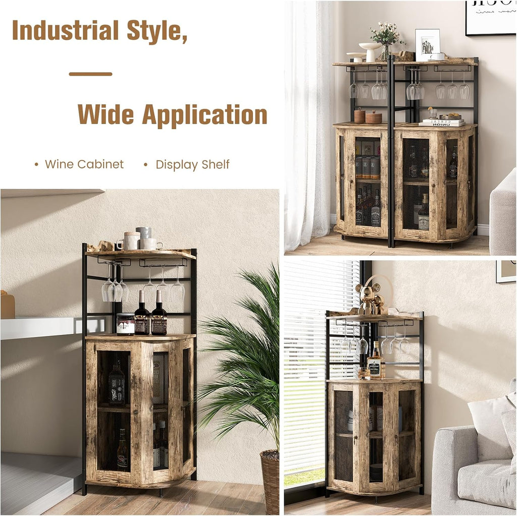 LOKO Corner Wine Bar Cabinet with Metal Mesh Doors, Glass Holder, Taupe