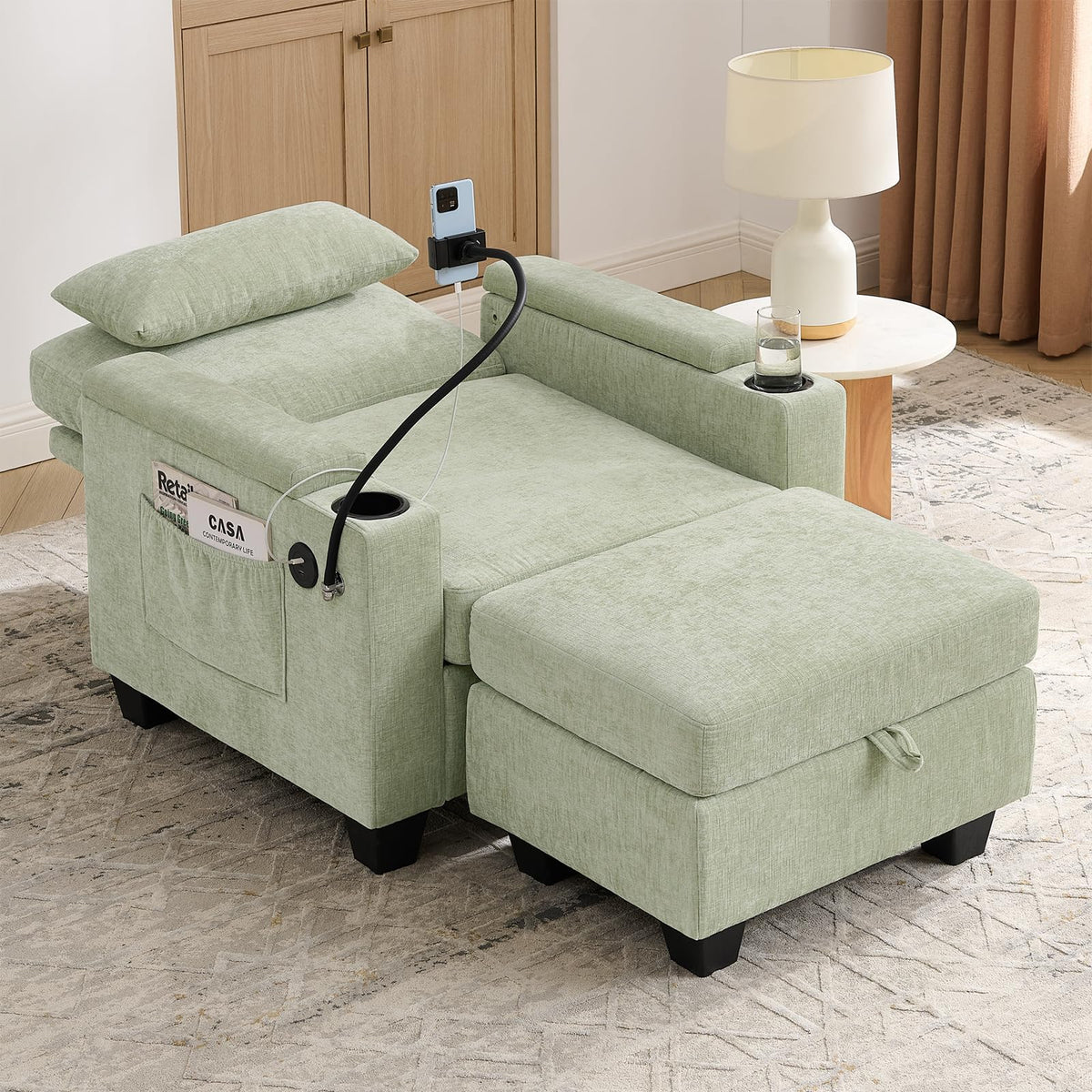 Oversized Chaise Lounge Chair Indoor, Single Convertible Recliner Reading Arm Sofa Chair W/Adjustable Backrest & Charging Port Couch Bed for Living Room, Home Theater & Bedroom, Brown