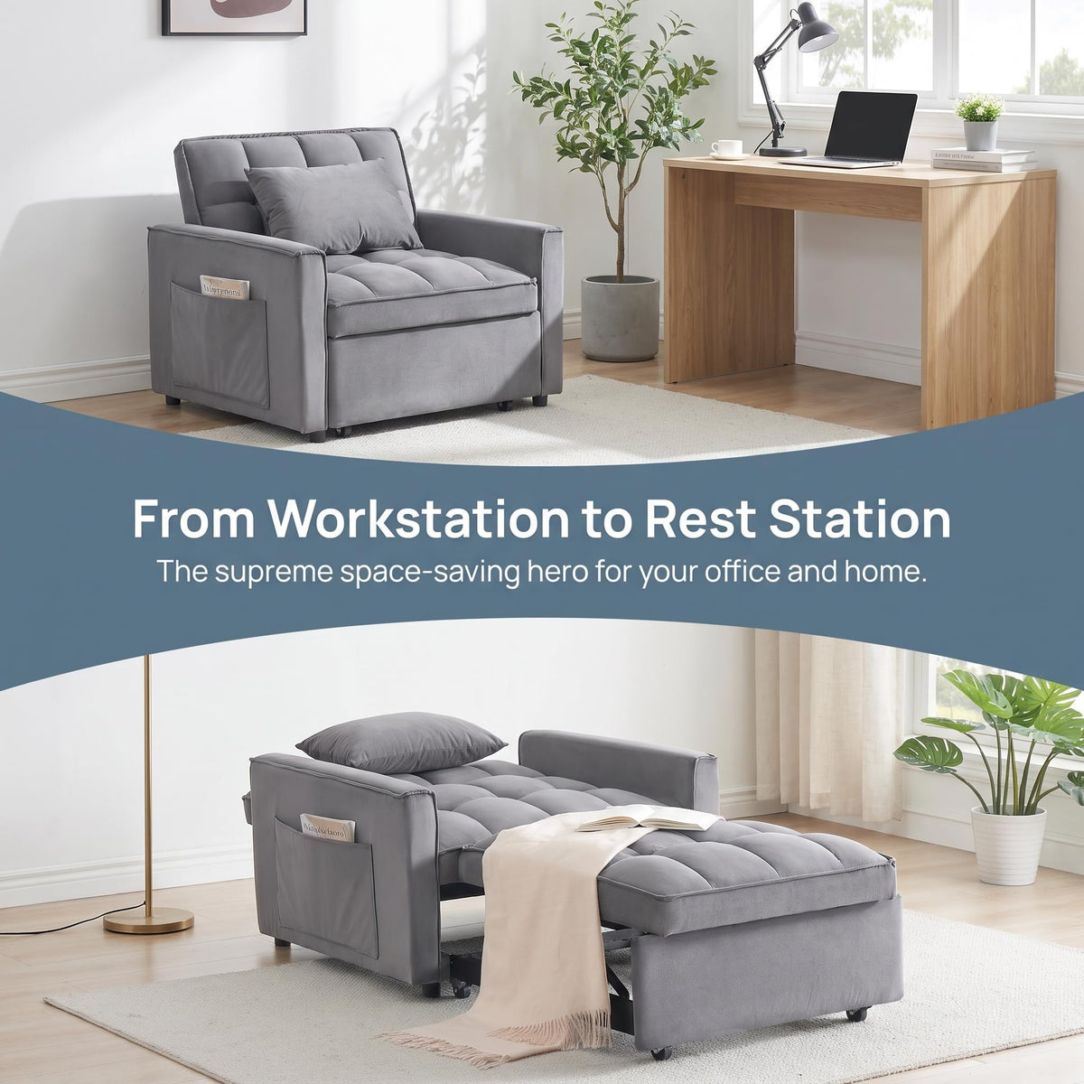 Convertible Sleeper Chair, Pull Out Sofa Bed with Adjustable Backrest & Hidden Storage Armrest, Single Sofa Recliner with USB Charging Port & Cup Holders for Living Room, Bedroom, Dark Gray